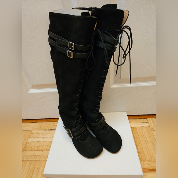 JOHN FLUEVOG OPERETTAS: HJORDIS  BLACK Suede LEATHER KNEE HIGH BOOTS 9.5 - Picture 6 of 15